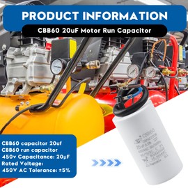 CBB60 20uF Motor Run Capacitor 450 VAC Volts Round Cylinder 2 Leads, Metallized Polypropylene Film Capacitor for Air Compressor, Washing Machine, Air Conditioner and Washing Machine