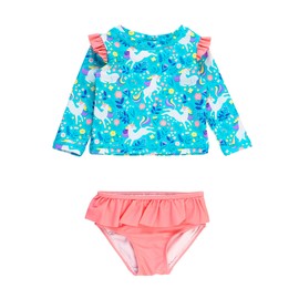 RuffleButts Baby/Toddler Girls Skirted Long Sleeve Rash Guard Bikini UPF50+ Sun Protected Swimsuit - Bright Aqua Unicorn Meadow, 5