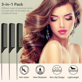 3 Pack Hair Rat Tail Combs Set, Parting Rattail, Teasing Fine Tooth Comb, Metal Hair Pick Detangling, Heat Resistant Carbon Fiber Teasing Comb, and Stainless Steel Pintail(Black)