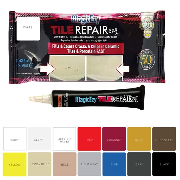 MagicEzy Tile RepairEzy (White) - Ceramic Tile Chip Repair Filler - Porcelain Crack Repair Kit - Gap Filler - Tile Putty - Bathroom Floor Tiles, Counter Tops - Wall Touch Up Pen