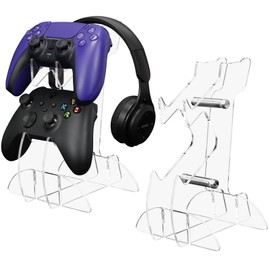 FYY Game Controller Holder 2 Tiers - Universal Dual Controller Stand Gaming Headset Holder, Acrylic Clear Controller Display Stand