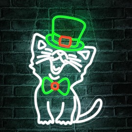 Cat Neon Sign Wearing a Green Hat,USB Powered Neon Signs for Wall Decoration,Cat Neon Light,Apply to Living Room,Game Room,Office,Graduation Party,Saint Patrick's Day LED Signs for Bedroom Wall