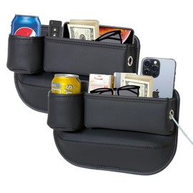WOVAZUS 2 Packs Car Seat Gap Filler Organizer, Car Seat Organizer, Seat Gap Storage Box with Cup Holders for Drink, Car Leather Cup Holder Gap Bag Front Seat for Phone, Sunglasses,Keys(Left+Right Side)