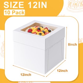 Hoewina 10 Pack Cake Boxes 12 Inch, 12x12x8 Inches Tall Cake Large Box, Disposable Cakes Transport Containers with Lids, Bakery Boxes with Large Window,for Cookies Pies Cupcakes Pastry-Wedding, Birthday,Party