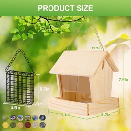 Wooden Bird Feeder with Suet Cages for Outdoors Hanging Mount Large Capacity, Red Cedar Garden Roof FeederCardinal Bluebird Birdfeeder for Garden Decoration Yard, Weatherproof Durable