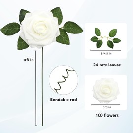 JOYLEX Artificial Flowers Realistic Roses, 100 pcs Real Looking Fake Roses with Stem for DIY Wedding Bouquets Centerpieces Bridal Shower Party Home Romantic Decorations (White)