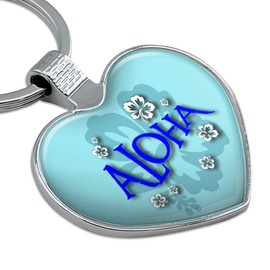 Aloha Hawaiian Greeting Hibiscus Flowers Keychain Heart Love Metal Key Chain Ring