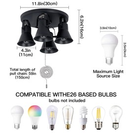 SEEBLEN 4-Light Industrial Track Lighting with Pull Chain On/Off Switch, Adjustable Round Kitchen Ceiling Light, Morden Black Flush Mount Directional Light for Kitchen, Hallway, Dining Room.