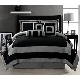 Grand Linen Oversize Black/Grey Comforter Set Micro Suede Patchwork Bed in A Bag Queen Size Bedding