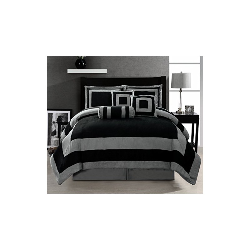 Grand Linen Oversize Black/Grey Comforter Set Micro Suede Patchwork Bed