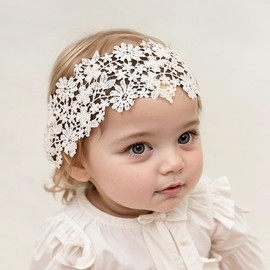 Yheahin Baby Girls White Lace Christening Headband with Crystal Pearl Newborn Soft Lace Flower Elastic Hairband Toddler Infant Baptism Hair Accessories for Birthday Party (White 9, Elastic)