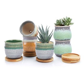 T4U 2.5 Inch Small Ceramic Succulent Pots with Bamboo Tray Set of 6, Sagging Glazed Porcelain Summer Serial Handicraft for Mom Sister Home Office Table Desk Windowsill Decoration