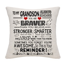 Inspirational Gift for Grandson You Are Braver Than You Believe You Are Awesome Reminder Cushion Covers for Grandson from Grandma Grandad Positive Gift Birthday Graduation (grandson)