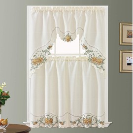 GOHD Lily Fragrance. 3pcs Multi-Color Embroidery Curtain/Cafe Curtain/Swag & Tiers Set with cutworks. (Gold)