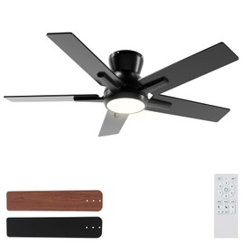 Sevenine 42 Inch Black Flush Mount Ceiling Fans with Lights and Remote, Black Low Profile Ceiling Fan for Bedroom Living Room Patio/Outdoor, Quiet 6 Speed Reversible DC Motor, 3CCT, Dimmable, 3 Timers