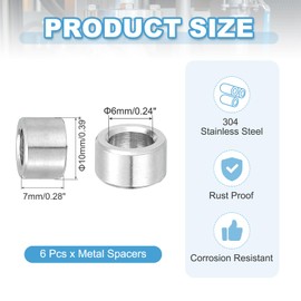 PATIKIL 6 Pcs Stainless Steel Spacers, 6mm ID x 10mm OD x 7mm Height 304 Stainless Steel Bushing Screw Standoff Unthreaded Round Spacer for 1/4" M6 Screws Bolts Nuts