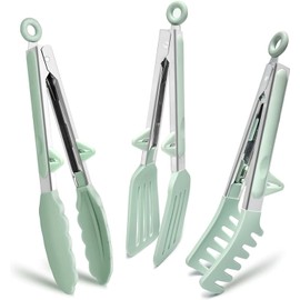 3PCS Pinzas de Cocina de Acero Inoxidable, 23cm Pinzas Barbacoa con Puntas de Silicona, Pinzas Antiadherentes para Cocina, Hornear, Barbacoa, Alta Resistencia al Calor, Verde