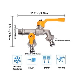 Outdoor Double Outlet Faucet, 1/2 Inch Male Inlet NPT Thread,Wall Mounted Garden Water Faucet with Two 3/4 inch Brass Ball Valves Water Tap Splitter for Outdoor,Garden,Balcony, Hose Connector (Silver)