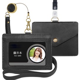 X-Lounge ID Card Holder, Name Holder, Genuine Leather, Horizontal Type, Double-Sided, Employee ID Name Bill Holder, Commuter Passcase, Card Case, Neck Strap, 2 Pockets (Black)