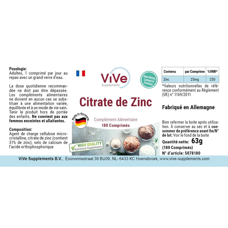 Zinc Tablets, 25 mg Made of Zinc Citrate, 180 Tablets,