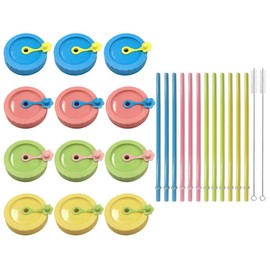 Mason Jar Lids,Plastic Regular Mouth Mason Canning Lids with Straw Hole/Plastic Straws/Silicone Stoppers/Silicone Rings/Cleaning Brush,Decorative Mason Jar Caps for Drinking&Food Storage,26 Pcs