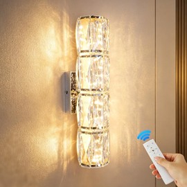 Luxury Chrome Crystal Wall Sconces, Modern Indoor Dimmable Wall Light Fixture with Remote Control, LED K9 Crystal Hardwired Wall Lamp for Living Room Bedroom Hallway Bathroom, Vanity Light