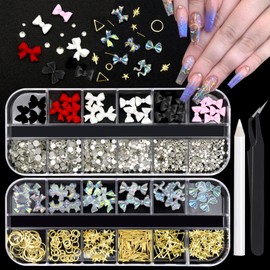 RODAKY Aurora Bow Charms for Acrylic Nails - Colorful Diamond Accessories, Flatback Half Round Pearl, Metal Gem Crystal Rhinestones for Nail Design and DIY Crafts
