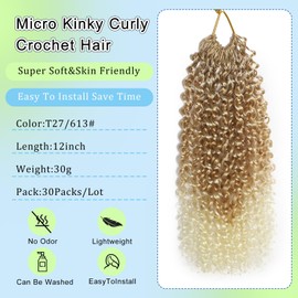 FLWAI Pre Looped Micro Kinky Curly Crochet Hair 8 Packs 12 Inch Yanky Twist Crochet Hair Kinky Twist Synthetic Wavy Curly Crochet Hair Extensions for Black Women (T27/613, 8packs 12inch)