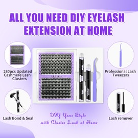 DIY Eyelash Extensions Set, 280 Pieces, Individual Cluster Lashes, Natural Cluster Eyelashes, with Eyelash Glue and Seal, Artificial Eyelashes (40D + 50D, D-9-16 mm)