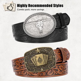SANSTHS Western Belts for Men Women 2 Pack, Cowgirl Cowboy Belt Leather Straps with Buckle Set for Jeans, Bull Poker Black and Brown