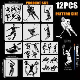FINGERINSPIRE 12PCS Sport Athlete Painting Stencils with Bamboo Brush Reusable Sports Competition Templates Tennis Football Basketball Baseball Stencils Ice Hockey Skiing Ice Skating Templates