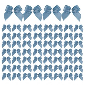 Meseey 60pcs Mini Satin Ribbon Bows with Pearl Ribbon Flowers Appliques DIY Craft for Sewing, Scrapbooking, Wedding, Gift,Christmas Decoration (Dusty Blue)