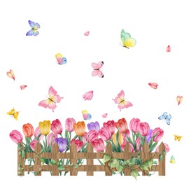 WOHAHA Wall Sticker, Plants, Stylish, Flowers, Butterflies, Flapping Butterflies, Tulip Flowers, Fence, Living Room, Rental, Kindergarten, Nursery, Corner Line, Wall Decoration, Wall Sticker,