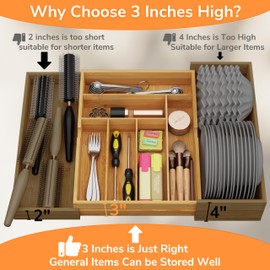 BAMEOS 3" Deepth Expandable Drawer Organizer, Deep Flatware Organizer, Adjustable Silverware Organizer, Bamboo Drawer Organizer for Kitchen, Bathroom (Natural)