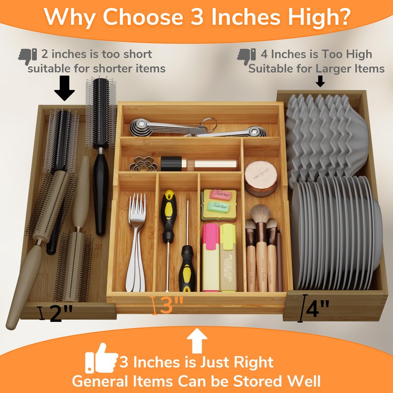 BAMEOS 3" Deepth Expandable Drawer Organizer, Deep Flatware Organizer, Adjustable