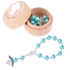 Fukaisu My First Rosary Baptism Gifts, Baptism Keepsake Box & Rosary Bracelet with Angel Wings Catholic First Communion Christening Beads Gifting Set for Baby Shower (Light Blue)
