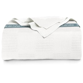 Jmr Usa Inc. 100% Cotton Blanket Twin Size 66x90 - Lightweight Breathable Waffle Weave Thermal Throw for Bed, Sofa & Couch - Soft Cozy, Durable Summer Bedding, All Season Comfort for Home, Travel & Camping, White