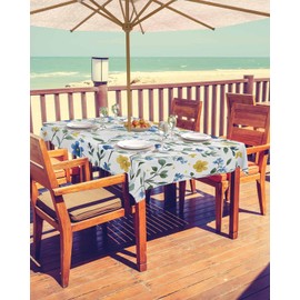 Rectangle Outdoor Tablecloth with Umbrella Hole 60"x84", Spring Blue Watercolor Flower Leaf Garden Table Cloth with Zipper, Waterproof Protect Table Covers for Dining Garden Courtyard Patio Camping