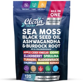 Clean Nutraceuticals Sea Moss Black Seed Oil Ashwagandha Turmeric Bladderwrack Burdock & Vitamin C Vitamin D3 with Elderberry Manuka Dandelion (120 Count (Pack of 1))