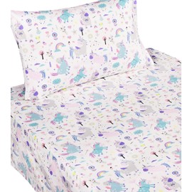 Scientific Sleep Cute Unicorn Flower Rainbow 100% Cotton Cozy Twin Bed Sheet Set, Flat Sheet & Fitted Sheet & Pillowcase Natural Bedding Set (Unicorn, Twin)