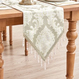 Loom and Mill Luxury Damask Table Runner 13x108 inch, Elegant Jacquard Fabric Dining Table Runners with Beads, Great for Home Table Setting Kitchen Dresser Party Holiday Decoration(Beige, 13x108in)
