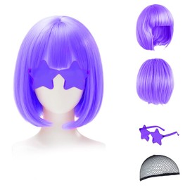 Wig for Women - Colorful Bob Wig with Party Sunglasses, Cosplay Party Wigs, Funny Wigs for Women (Hair Net Included) (Purple)