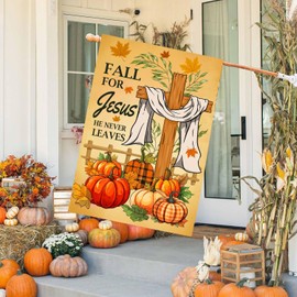 BUMPEXPAND Fall Cross Thanksgiving Flag, Fall for Jesus He Never Leaves Flag, Pumpkin Autumn Thanksgiving Holiday Yard Flag Set 2 House Flag 28 x 40 and Garden Flag 12x18 Double Side