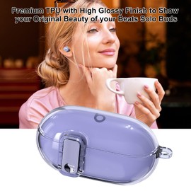 Aircawin for Beats Solo Buds Case Clear with Secure Lock 2024,Shockproof Soft Transparent TPU for Beat Solo Buds Cover with Keychain and Cleaning Pen for Girl Men Women-Purple