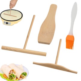 lurora2021 Set of 4 Crepes Distributors Made of Bamboo Wood Crepe Maker Accessories Wooden Crepe Maker T-Shaped Tool for Crepes Spatula and Crepes Distributor Set for Crepes Crepes Accessories with 1