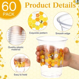 Funnymoom 60 Pcs Bee Party Plastic Cups 16 oz Honey Disposable Clear Drinking Cups for Bee Theme Party Baby Shower Birthday Supplies Decoration
