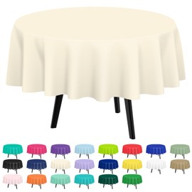 QIKSION Ivory Round Tablecloth 2 Pack, 84 Inch Plastic Table Cover Disposable for Parties