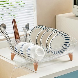 DoubleWinT Dish Rack, Dish Drying Rack for Kitchen Counter, Dish Drainer with Drainboard Set and Utensil Holder, Sink Drying Dish Strainer Rack (Clear)