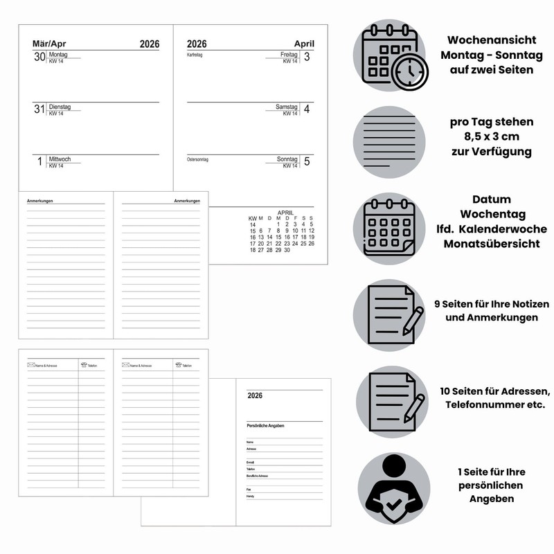 Pocket Calendar 2026 Diary Weekly Planner 2 Page View Hardcover