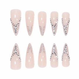 BABALAL Long Stiletto Press on Nails Sliver French Tip Fake Nails Glitter Glue on Nails Rhinestone Almond Acrylic Nails Manicure Nails for Women and Girls